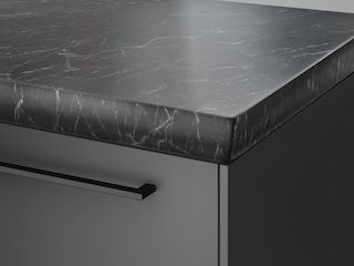 grey kitchen cabinet and black marble coutertop
